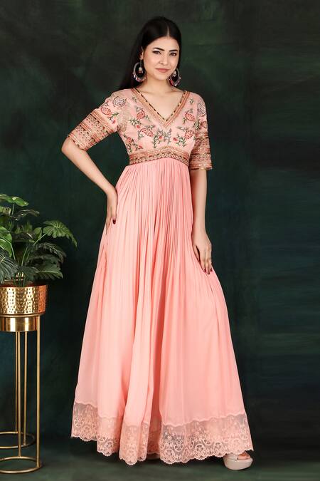 Nidhi Kejriwal_Peach Georgette, Modal, Organza Embroidery, Lace V-neck Yoke Anarkali _at_Aza_Fashions