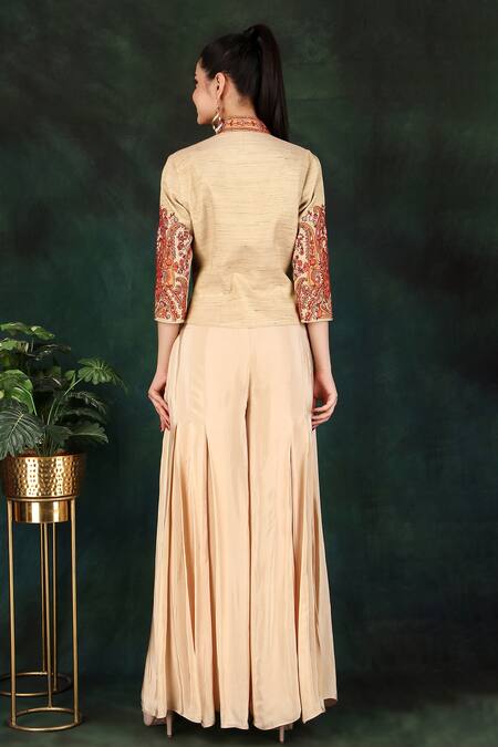 Shop_Nidhi Kejriwal_Beige Crepe, Tissue Embroidery High Neck Hand Top And Palazzo Set_at_Aza_Fashions