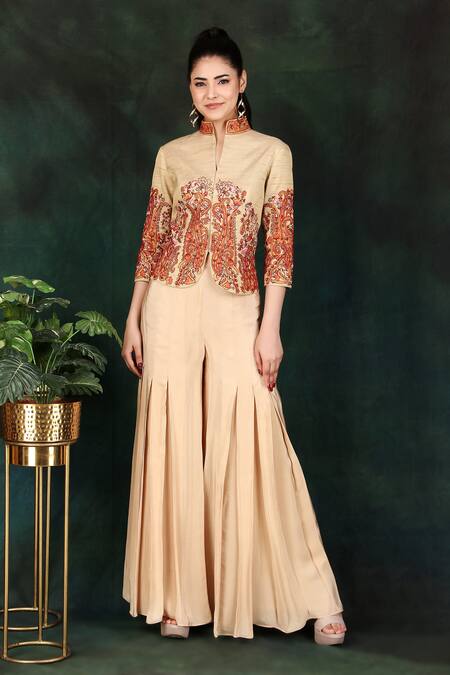 Nidhi Kejriwal_Beige Crepe, Tissue Embroidery High Neck Hand Top And Palazzo Set_Online_at_Aza_Fashions