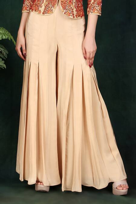 Buy_Nidhi Kejriwal_Beige Crepe, Tissue Embroidery High Neck Hand Top And Palazzo Set_Online_at_Aza_Fashions