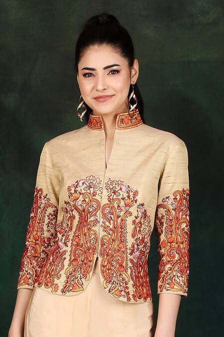 Shop_Nidhi Kejriwal_Beige Crepe, Tissue Embroidery High Neck Hand Top And Palazzo Set_Online_at_Aza_Fashions