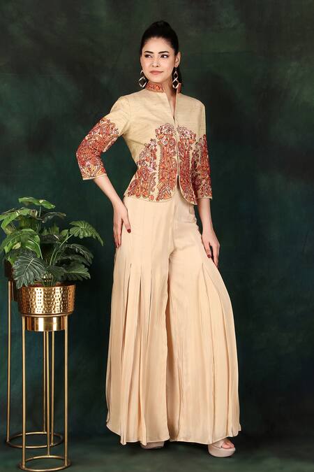 Nidhi Kejriwal_Beige Crepe, Tissue Embroidery High Neck Hand Top And Palazzo Set_at_Aza_Fashions
