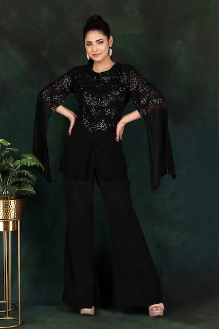 Nidhi Kejriwal Black Crepe, Georgette Sequins Round Neck Hand Embroidered Corset And Palazzo Set 