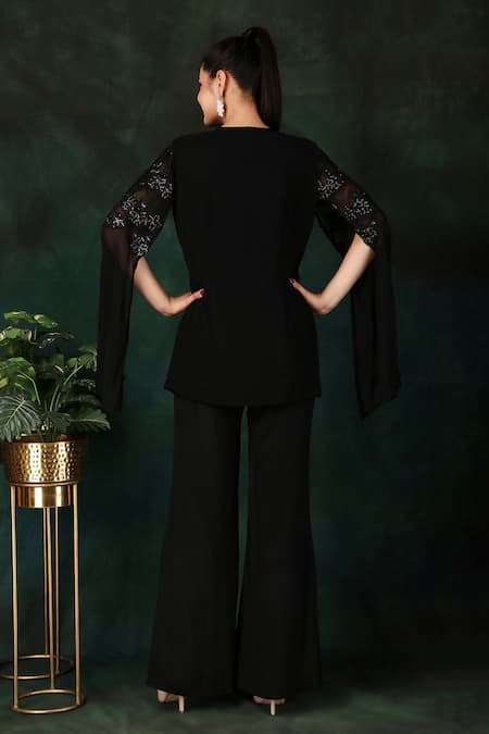 Shop Nidhi Kejriwal Black Crepe, Georgette Sequins Round Neck Hand Embroidered Corset And Palazzo Set at Aza Fashions Shop_Nidhi Kejriwal_Black Crepe, Georgette Sequins Round Neck Hand Embroidered Corset And Palazzo Set _at_Aza_Fashions