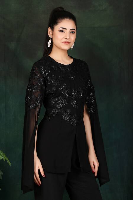 Nidhi Kejriwal Black Crepe, Georgette Sequins Round Neck Hand Embroidered Corset And Palazzo Set at Aza Fashions Nidhi Kejriwal_Black Crepe, Georgette Sequins Round Neck Hand Embroidered Corset And Palazzo Set _at_Aza_Fashions