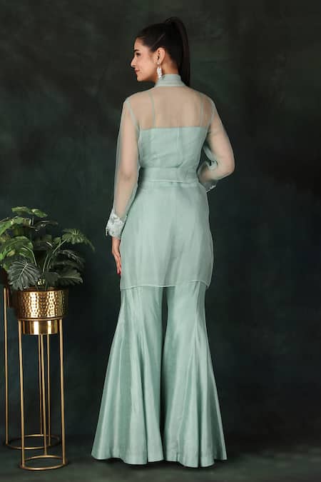 Shop Nidhi Kejriwal Blue Organza, Silk Embroidery, Pearls, Diamonds Round Neck Jacket Palazzo Set at Aza Fashions Shop_Nidhi Kejriwal_Blue Organza, Silk Embroidery, Pearls, Diamonds Round Neck Jacket Palazzo Set _at_Aza_Fashions
