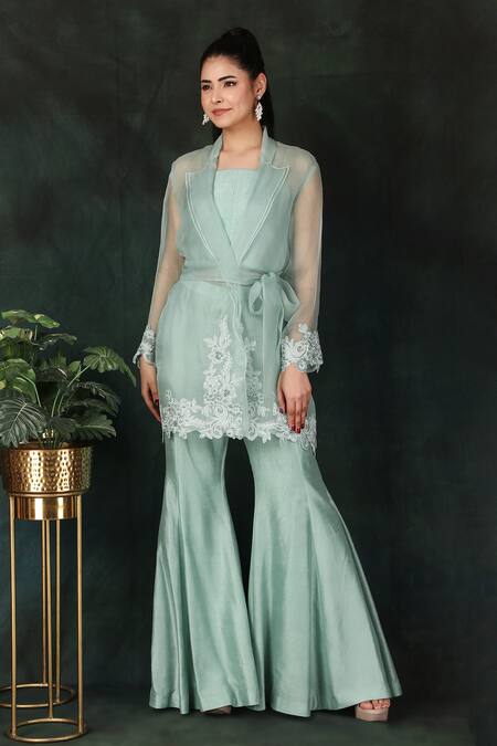 Nidhi Kejriwal Blue Organza, Silk Embroidery, Pearls, Diamonds Round Neck Jacket Palazzo Set Online at Aza Fashions Nidhi Kejriwal_Blue Organza, Silk Embroidery, Pearls, Diamonds Round Neck Jacket Palazzo Set _Online_at_Aza_Fashions