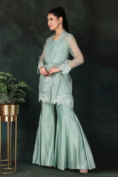 Shop Nidhi Kejriwal Blue Organza, Silk Embroidery, Pearls, Diamonds Round Neck Jacket Palazzo Set Online at Aza Fashions Shop_Nidhi Kejriwal_Blue Organza, Silk Embroidery, Pearls, Diamonds Round Neck Jacket Palazzo Set _Online_at_Aza_Fashions