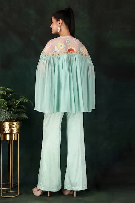 Shop Nidhi Kejriwal Blue Satin, Organza, Modal, Lycra, Georgette Hand Embroidered Cape Palazzo Set at Aza Fashions Shop_Nidhi Kejriwal_Blue Satin, Organza, Modal, Lycra, Georgette Hand Embroidered Cape Palazzo Set _at_Aza_Fashions