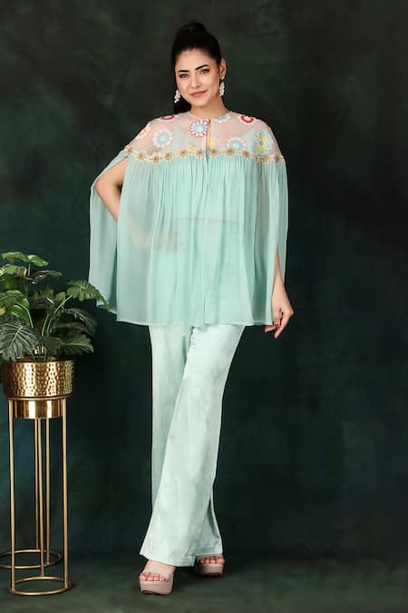 Nidhi Kejriwal Blue Satin, Organza, Modal, Lycra, Georgette Hand Embroidered Cape Palazzo Set Online at Aza Fashions Nidhi Kejriwal_Blue Satin, Organza, Modal, Lycra, Georgette Hand Embroidered Cape Palazzo Set _Online_at_Aza_Fashions