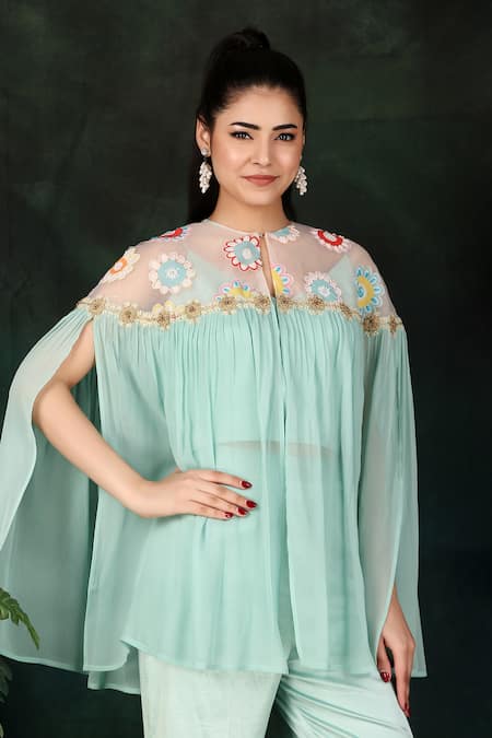 Shop Nidhi Kejriwal Blue Satin, Organza, Modal, Lycra, Georgette Hand Embroidered Cape Palazzo Set Online at Aza Fashions Shop_Nidhi Kejriwal_Blue Satin, Organza, Modal, Lycra, Georgette Hand Embroidered Cape Palazzo Set _Online_at_Aza_Fashions