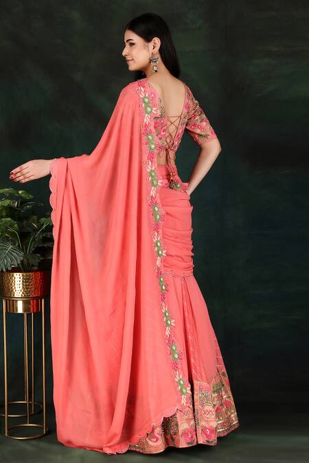 Shop Nidhi Kejriwal Fuchsia Tissue, Georgette, Lace Embroidery Round Hand Lehenga Saree With Blouse at Aza Fashions Shop_Nidhi Kejriwal_Fuchsia Tissue, Georgette, Lace Embroidery Round Hand Lehenga Saree With Blouse_at_Aza_Fashions