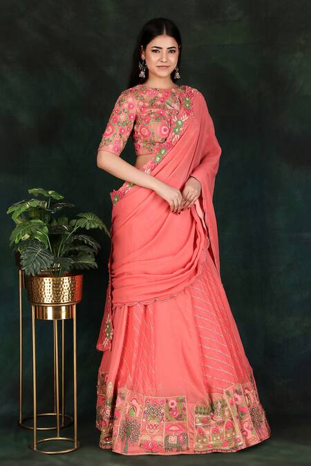 Shop Nidhi Kejriwal Fuchsia Tissue, Georgette, Lace Embroidery Round Hand Lehenga Saree With Blouse Online at Aza Fashions Shop_Nidhi Kejriwal_Fuchsia Tissue, Georgette, Lace Embroidery Round Hand Lehenga Saree With Blouse_Online_at_Aza_Fashions