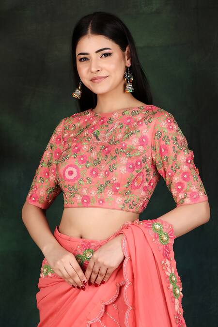 Nidhi Kejriwal Fuchsia Tissue, Georgette, Lace Embroidery Round Hand Lehenga Saree With Blouse at Aza Fashions Nidhi Kejriwal_Fuchsia Tissue, Georgette, Lace Embroidery Round Hand Lehenga Saree With Blouse_at_Aza_Fashions