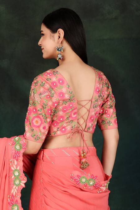 Shop Nidhi Kejriwal Fuchsia Tissue, Georgette, Lace Embroidery Round Hand Lehenga Saree With Blouse Shop_Nidhi Kejriwal_Fuchsia Tissue, Georgette, Lace Embroidery Round Hand Lehenga Saree With Blouse
