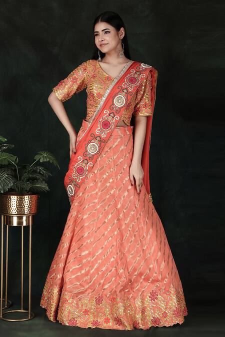 Nidhi Kejriwal_Orange Silk, Chanderi Embroidery V-neck Lehenga Saree With Blouse_Online_at_Aza_Fashions