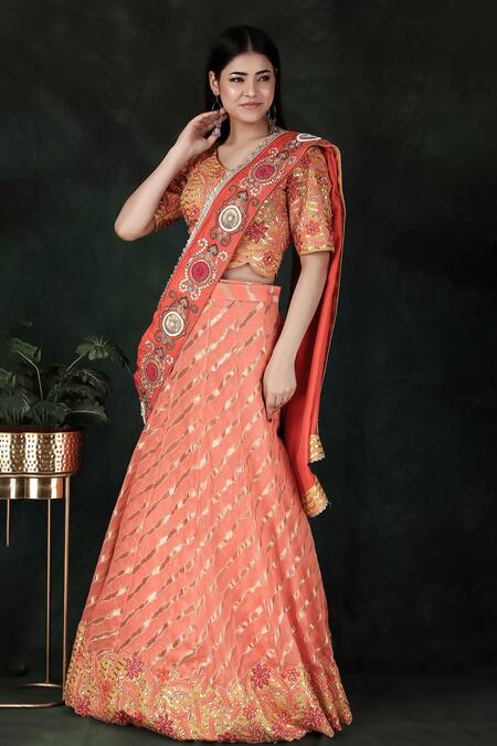 Buy_Nidhi Kejriwal_Orange Silk, Chanderi Embroidery V-neck Lehenga Saree With Blouse_Online_at_Aza_Fashions