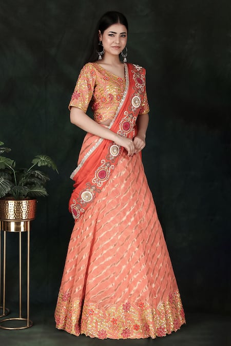 Shop_Nidhi Kejriwal_Orange Silk, Chanderi Embroidery V-neck Lehenga Saree With Blouse_Online_at_Aza_Fashions