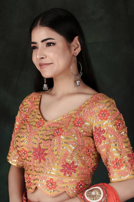 Nidhi Kejriwal_Orange Silk, Chanderi Embroidery V-neck Lehenga Saree With Blouse_at_Aza_Fashions