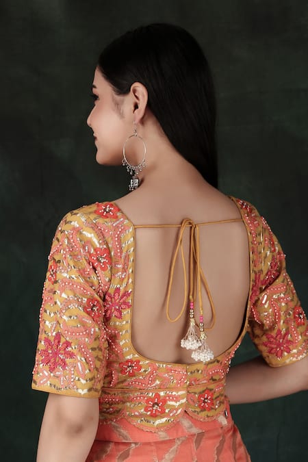 Buy_Nidhi Kejriwal_Orange Silk, Chanderi Embroidery V-neck Lehenga Saree With Blouse