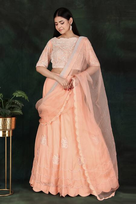 Nidhi Kejriwal Peach Silk, Organza, Net Pearls Round Neck Embroidered Lehenga Saree With Blouse Online at Aza Fashions Nidhi Kejriwal_Peach Silk, Organza, Net Pearls Round Neck Embroidered Lehenga Saree With Blouse_Online_at_Aza_Fashions