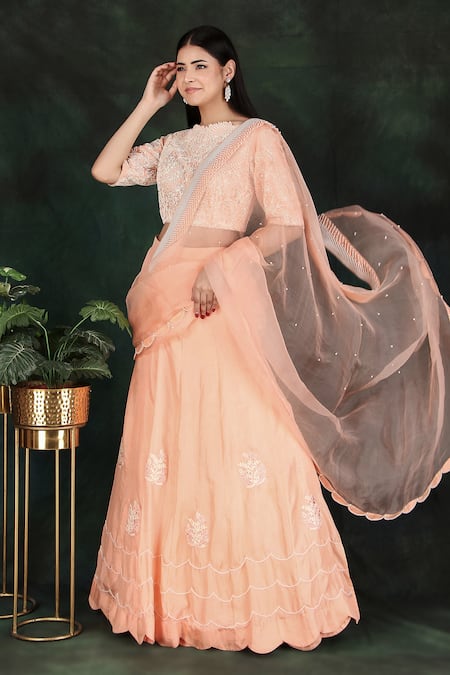 Buy Nidhi Kejriwal Peach Silk, Organza, Net Pearls Round Neck Embroidered Lehenga Saree With Blouse Online at Aza Fashions Buy_Nidhi Kejriwal_Peach Silk, Organza, Net Pearls Round Neck Embroidered Lehenga Saree With Blouse_Online_at_Aza_Fashions