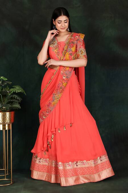 Nidhi Kejriwal_Fuchsia Chanderi, Georgette, Denim, Silk Hand Work Lehenga Saree With Blouse_Online_at_Aza_Fashions