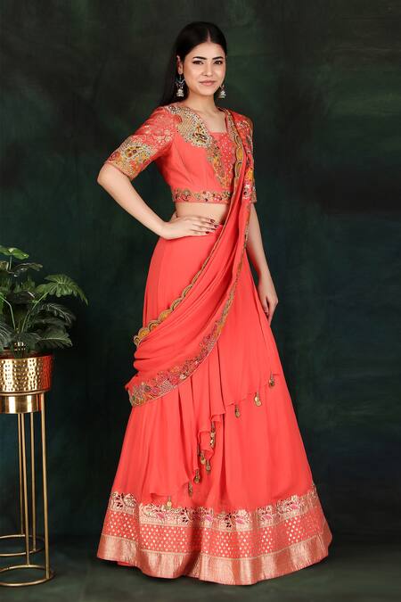 Buy_Nidhi Kejriwal_Fuchsia Chanderi, Georgette, Denim, Silk Hand Work Lehenga Saree With Blouse_Online_at_Aza_Fashions