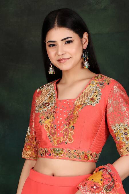 Shop_Nidhi Kejriwal_Fuchsia Chanderi, Georgette, Denim, Silk Hand Work Lehenga Saree With Blouse_Online_at_Aza_Fashions