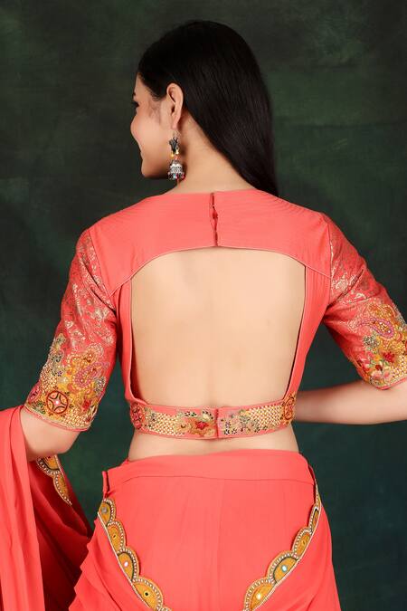 Nidhi Kejriwal_Fuchsia Chanderi, Georgette, Denim, Silk Hand Work Lehenga Saree With Blouse_at_Aza_Fashions