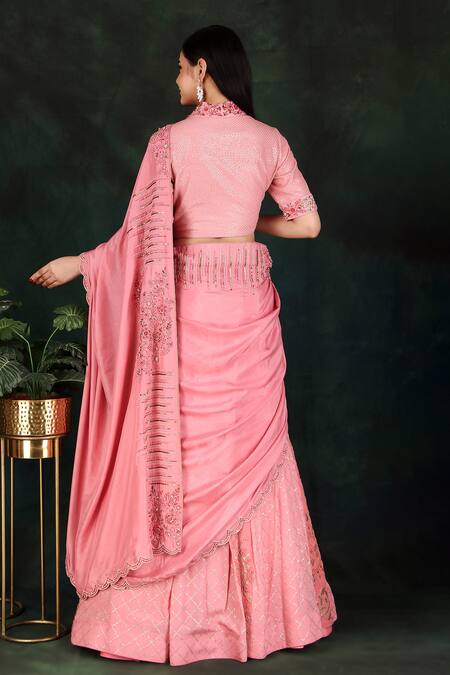 Shop Nidhi Kejriwal Peach Silk, Georgette Embroidery V-neck Floral Lehenga Saree With Blouse at Aza Fashions Shop_Nidhi Kejriwal_Peach Silk, Georgette Embroidery V-neck Floral Lehenga Saree With Blouse_at_Aza_Fashions