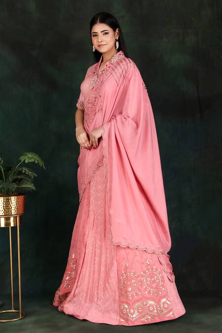 Buy Nidhi Kejriwal Peach Silk, Georgette Embroidery V-neck Floral Lehenga Saree With Blouse Online at Aza Fashions Buy_Nidhi Kejriwal_Peach Silk, Georgette Embroidery V-neck Floral Lehenga Saree With Blouse_Online_at_Aza_Fashions