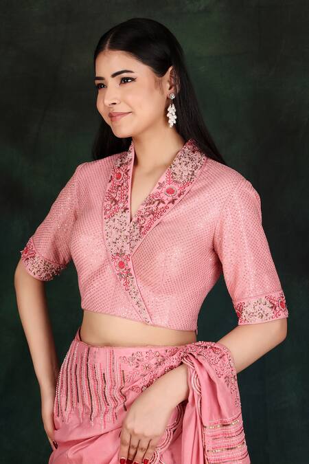 Shop Nidhi Kejriwal Peach Silk, Georgette Embroidery V-neck Floral Lehenga Saree With Blouse Online at Aza Fashions Shop_Nidhi Kejriwal_Peach Silk, Georgette Embroidery V-neck Floral Lehenga Saree With Blouse_Online_at_Aza_Fashions