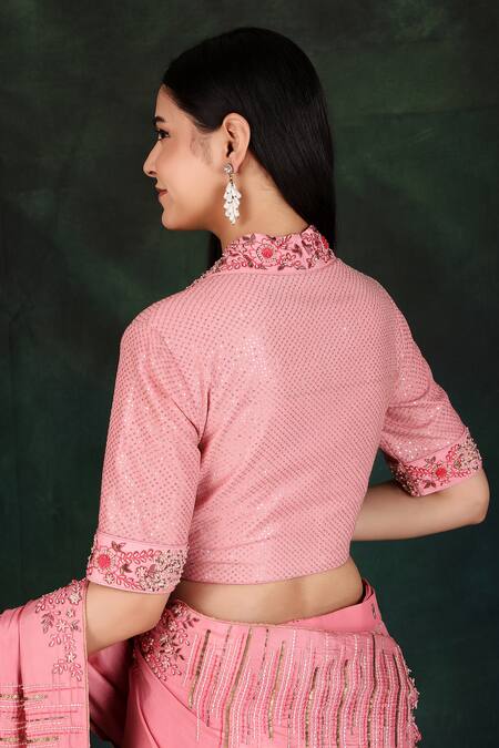 Nidhi Kejriwal Peach Silk, Georgette Embroidery V-neck Floral Lehenga Saree With Blouse at Aza Fashions Nidhi Kejriwal_Peach Silk, Georgette Embroidery V-neck Floral Lehenga Saree With Blouse_at_Aza_Fashions