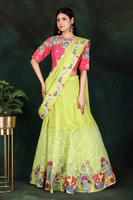 Nidhi Kejriwal_Green Silk, Organza, Brocade Embroidery Floral Hand Lehenga Saree With Blouse _Online_at_Aza_Fashions
