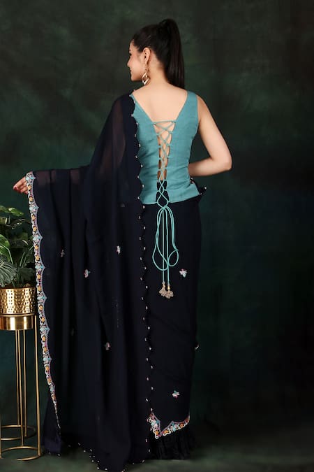 Shop Nidhi Kejriwal Blue Crepe, Georgette Embroidery Border Pre-draped Palazzo Saree With Blouse at Aza Fashions Shop_Nidhi Kejriwal_Blue Crepe, Georgette Embroidery Border Pre-draped Palazzo Saree With Blouse _at_Aza_Fashions