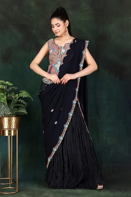 Nidhi Kejriwal Blue Crepe, Georgette Embroidery Border Pre-draped Palazzo Saree With Blouse Online at Aza Fashions Nidhi Kejriwal_Blue Crepe, Georgette Embroidery Border Pre-draped Palazzo Saree With Blouse _Online_at_Aza_Fashions