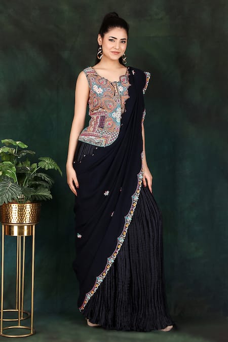 Buy Nidhi Kejriwal Blue Crepe, Georgette Embroidery Border Pre-draped Palazzo Saree With Blouse Online at Aza Fashions Buy_Nidhi Kejriwal_Blue Crepe, Georgette Embroidery Border Pre-draped Palazzo Saree With Blouse _Online_at_Aza_Fashions