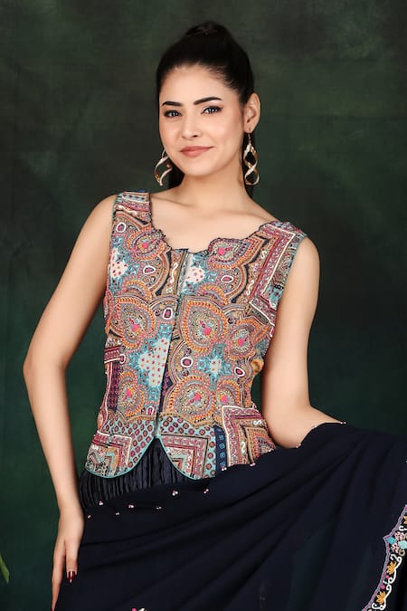 Shop Nidhi Kejriwal Blue Crepe, Georgette Embroidery Border Pre-draped Palazzo Saree With Blouse Online at Aza Fashions Shop_Nidhi Kejriwal_Blue Crepe, Georgette Embroidery Border Pre-draped Palazzo Saree With Blouse _Online_at_Aza_Fashions