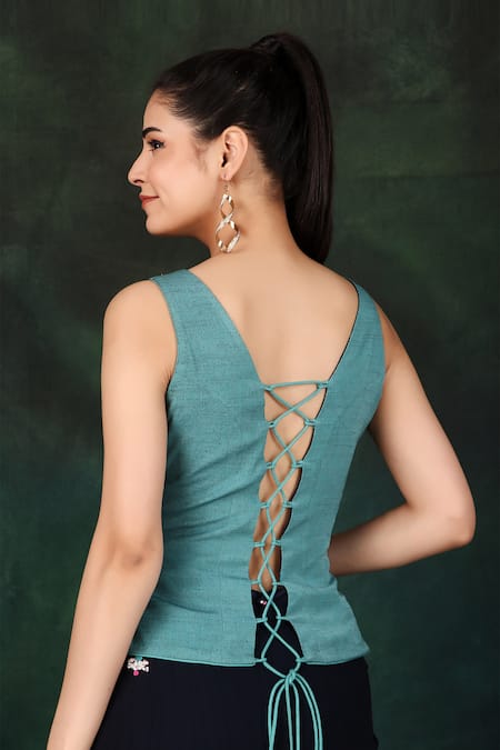 Nidhi Kejriwal Blue Crepe, Georgette Embroidery Border Pre-draped Palazzo Saree With Blouse at Aza Fashions Nidhi Kejriwal_Blue Crepe, Georgette Embroidery Border Pre-draped Palazzo Saree With Blouse _at_Aza_Fashions