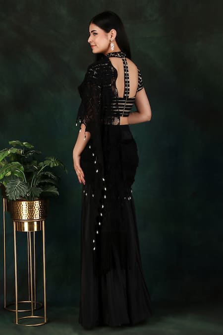 Shop Nidhi Kejriwal Black Crepe, Chiffon, Silk Border Embroidered Pre-draped Saree With Blouse at Aza Fashions Shop_Nidhi Kejriwal_Black Crepe, Chiffon, Silk Border Embroidered Pre-draped Saree With Blouse _at_Aza_Fashions