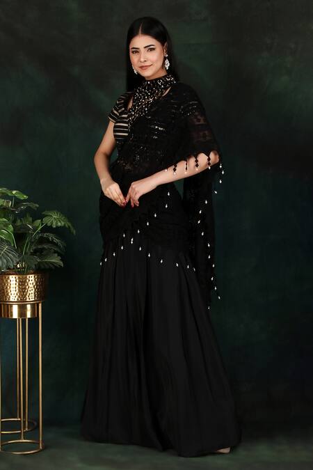 Buy Nidhi Kejriwal Black Crepe, Chiffon, Silk Border Embroidered Pre-draped Saree With Blouse Online at Aza Fashions Buy_Nidhi Kejriwal_Black Crepe, Chiffon, Silk Border Embroidered Pre-draped Saree With Blouse _Online_at_Aza_Fashions