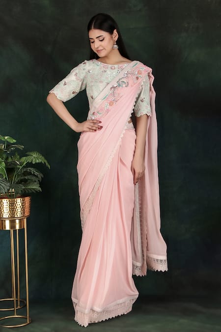 Jalwa by Nidhi Kejriwal Pink Georgette Hand Embroidered Jaal Round Border Saree With Blouse 