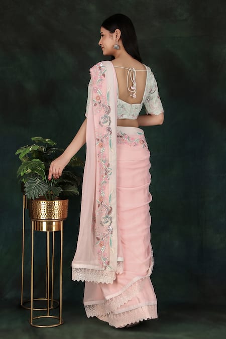 Shop Nidhi Kejriwal Pink Georgette, Silk Embroidery Round Neck Jaal Saree Set at Aza Fashions Shop_Nidhi Kejriwal_Pink Georgette, Silk Embroidery Round Neck Jaal Saree Set _at_Aza_Fashions