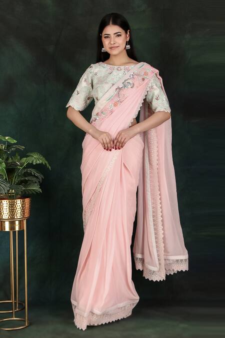 Nidhi Kejriwal Pink Georgette, Silk Embroidery Round Neck Jaal Saree Set Online at Aza Fashions Nidhi Kejriwal_Pink Georgette, Silk Embroidery Round Neck Jaal Saree Set _Online_at_Aza_Fashions
