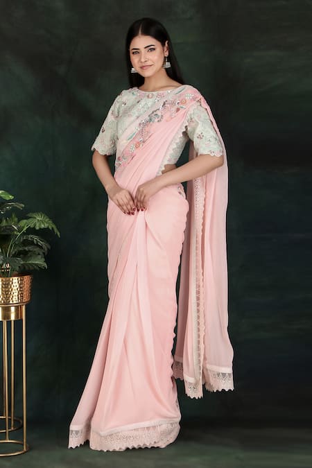 Buy Nidhi Kejriwal Pink Georgette, Silk Embroidery Round Neck Jaal Saree Set Online at Aza Fashions Buy_Nidhi Kejriwal_Pink Georgette, Silk Embroidery Round Neck Jaal Saree Set _Online_at_Aza_Fashions