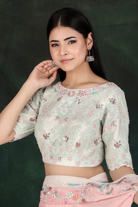 Shop Nidhi Kejriwal Pink Georgette, Silk Embroidery Round Neck Jaal Saree Set Online at Aza Fashions Shop_Nidhi Kejriwal_Pink Georgette, Silk Embroidery Round Neck Jaal Saree Set _Online_at_Aza_Fashions