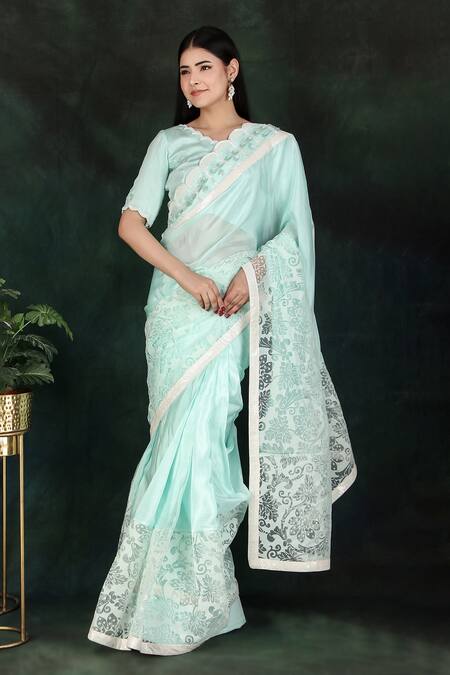 Nidhi Kejriwal_Blue Silk, Organza Cut Work, Sequins Border Hand Embroidered Saree With Blouse_Online_at_Aza_Fashions