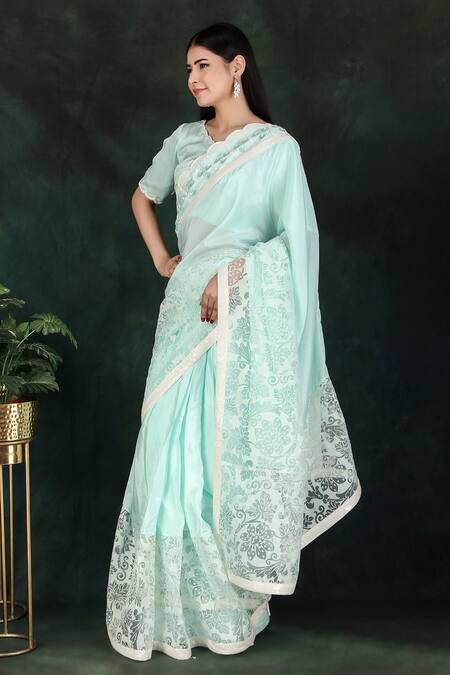 Buy_Nidhi Kejriwal_Blue Silk, Organza Cut Work, Sequins Border Hand Embroidered Saree With Blouse_Online_at_Aza_Fashions