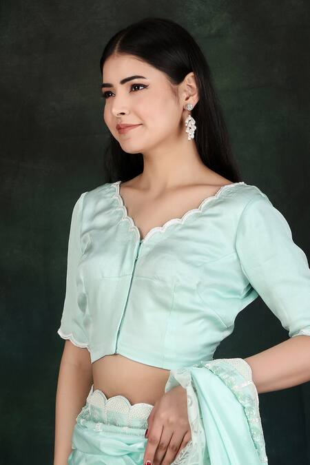 Shop_Nidhi Kejriwal_Blue Silk, Organza Cut Work, Sequins Border Hand Embroidered Saree With Blouse_Online_at_Aza_Fashions